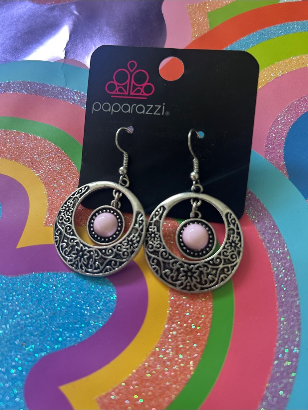 paparazzi Silver Filigree Hoop Earrings with Pink Center Stones